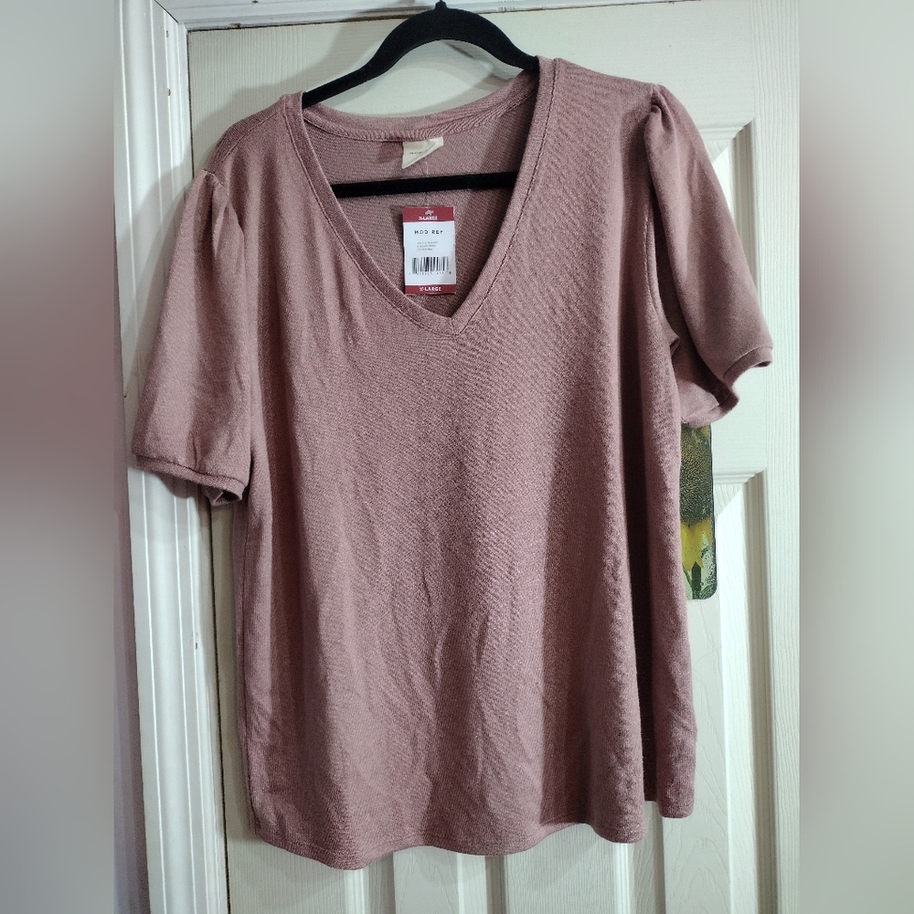 Mod Ref Woman XL Short Sleeve Short V Neck Pullover Tee Mauve Pink